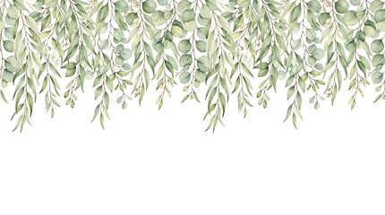 Fototapeta premium Watercolor eucalyptus leaves border, hanging green botanical foliage sprigs on a white background, hand-painted floral garland arrangement