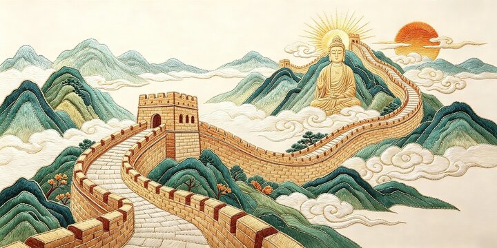 Traditional Chinese Embroidery Art Great Wall Winding Through Mountains Golden Buddha