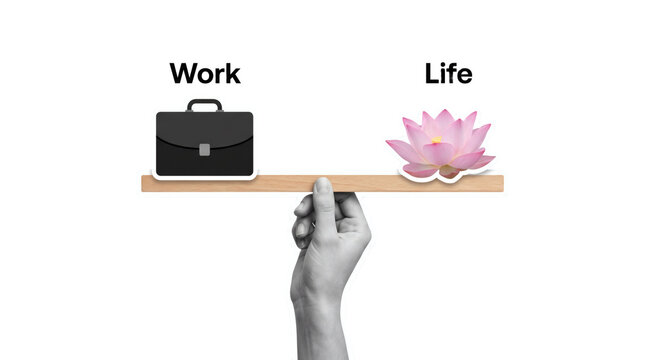 Work life balance scale sticker, hand balancing wooden seesaw beam weighing black work briefcase against pink lotus flower. Career wellbeing equilibrium on transparent background.