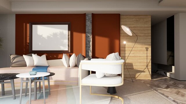 Smooth cinematic dolly-in begins from a wide establishing composition, followed by a gentle lateral truck movement toward the right side of the room. The motion slowly closes the distance and finishes