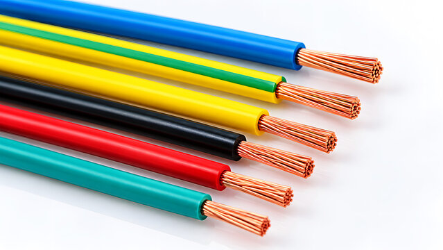 Colorful electrical wires with exposed copper strands on white background