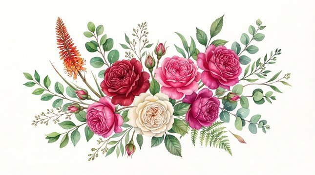 Watercolor floral arrangement featuring deep red, pink, and cream roses, orange kniphofia, eucalyptus leaves, and fern foliage on white background
