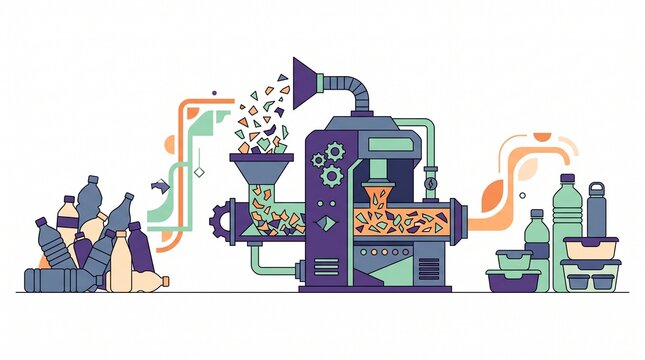 a flat vector illustration of an industrial machine recycling plastic bottles into new clean products