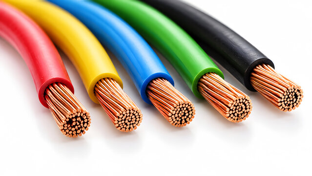 Colorful electrical wires with stripped ends on white background