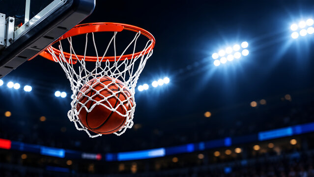Basketball going through the hoop during a professional game action shot