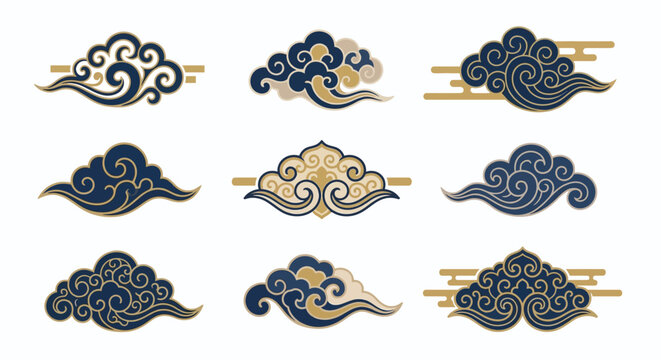 Traditional cloud scroll ornaments a vector illustration with gold and navy accents
