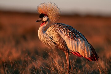 Fototapeta premium Crowned crane stands in golden grass during sunset in an open field at dusk