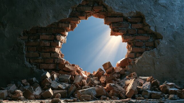 Broken brick wall with large irregular hole revealing bright daylight and sky with natural sunlight beams shining through