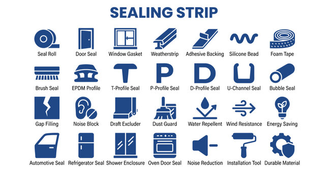 Sealing Strip Icons: Collection of Symbols for Weatherproofing, Insulation, and Protection Against Drafts and Noise