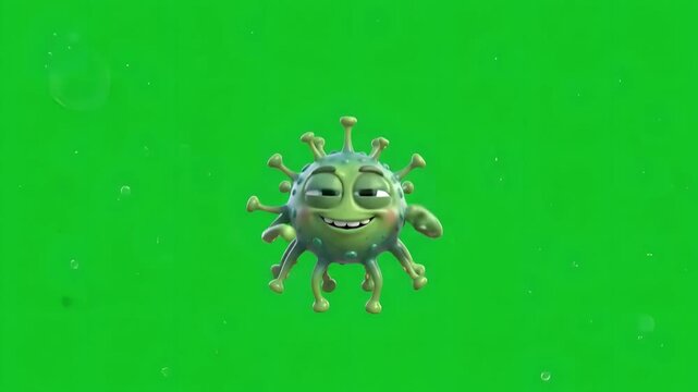 Cartoon virus character thinking and getting a bright idea with a light bulb, cute green microbe animation on green screen, funny bacteria mascot with happy expression for educational video