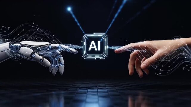 Robotic arm and human hand reaching toward a glowing artificial intelligence icon