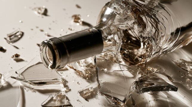 Close-up of broken transparent glass bottle with black neck lying amid shattered sharp glass pieces on smooth reflective surface
