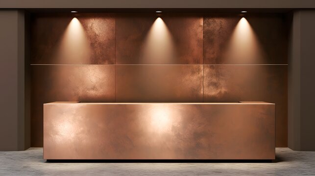 Minimalist reception desk in a luxury lobby with copper metal panels