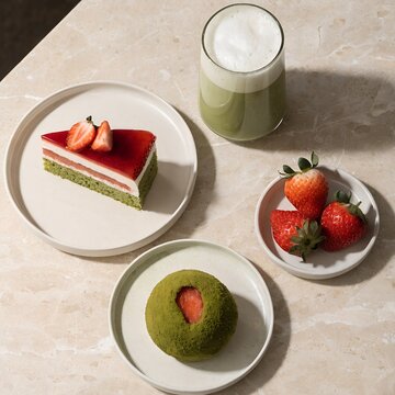 Strawberry matcha cake slice latte drink fresh berries set