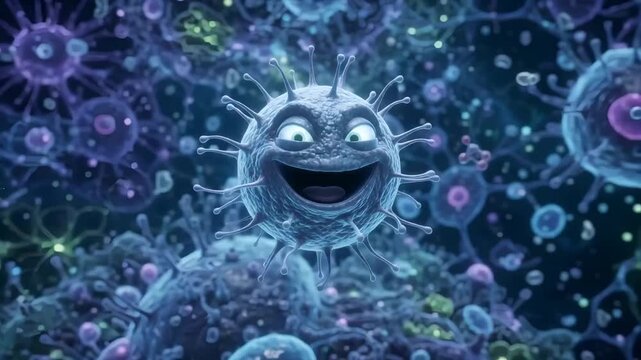 Animated virus character with funny expressions, 3D render illustration of cartoon microbe floating in microscopic environment, medical and health education visual, closeup perspective