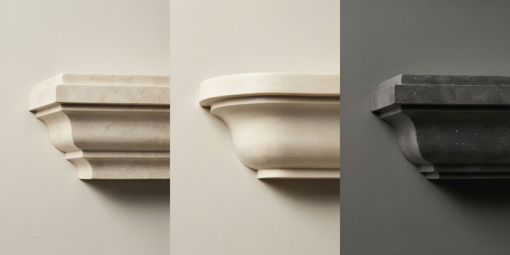 Three architectural wall corbels in different and colors on a neutral wall surface