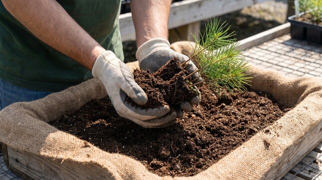 Gardener wearing protective gloves planting young pine tree seedling in organic fertile soil