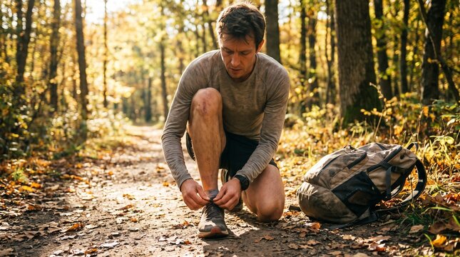 Male trail runner kneeling down to tie his shoelaces on a forest trail in autumn