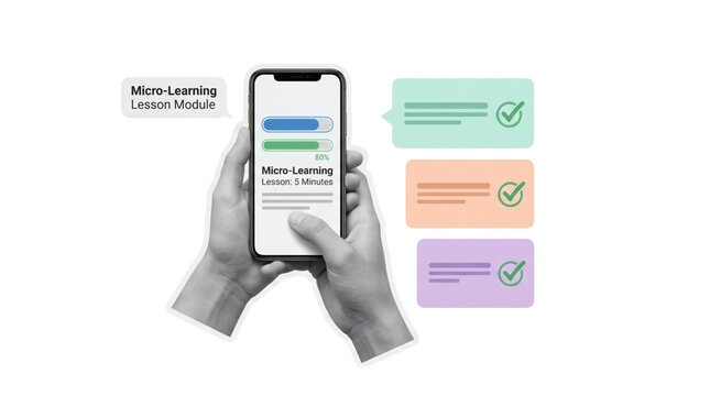 Microlearning mobile education sticker, hands holding smartphone showing interactive lesson module app with checklist cards. Digital online learning on transparent background.