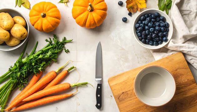 Ingredientes de cocina vistos desde arriba con calabazas, zanahorias, ar&aacute;ndanos, patatas, hojas verdes, cuchillo y tabla de cortar