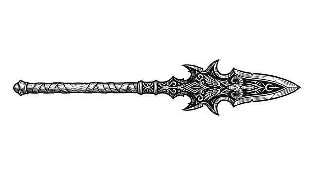 Intricate Fantasy Spear Illustration with Ornate Engravings, Ram Skull, and Wings on White Background