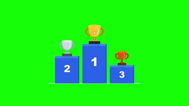 Flat winner podium with trophies animation on green screen background