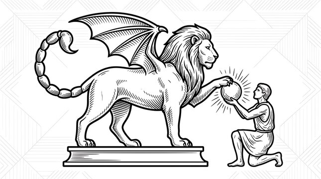 Engraving Style Illustration of a Mythical Manticore Creature and a Kneeling Man Holding a Magic Orb