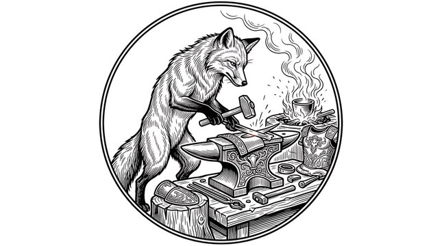Woodcut Style Fox Blacksmith Working at the Forge with Hammer and Anvil Inside a Circular Frame