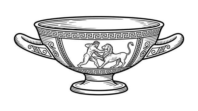 Ancient Greek Pottery Illustration of Heracles Wrestling the Nemean Lion on a Traditional Kylix Bowl