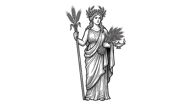 Antique woodcut illustration of Demeter Greek goddess of agriculture holding wheat stalks and lamp