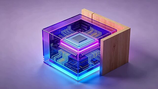 Translucent glowing cube with internal electronic circuits and microchip on purple background
