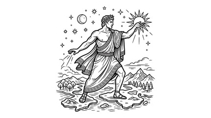 Fototapeta premium Ancient Greek God Apollo Holding the Sun and Moon Mythology Line Art Illustration on White Background