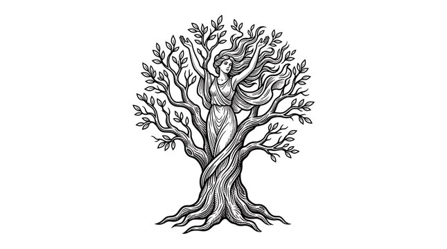 Mother Nature Goddess Emerging from a Tree Trunk, Mythical Dryad Spirit Illustration in Woodcut Style