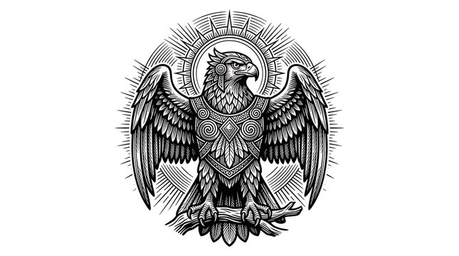Majestic Eagle Engraving with Ornate Tribal Armor and Sunburst Halo in Black and White Style