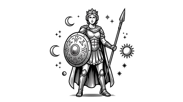Powerful Goddess Warrior with Spear and Shield, Celestial Sun and Moon Mythological Engraving Art