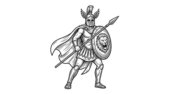 Powerful Spartan Gladiator Wearing Winged Helmet and Holding a Spear and Lion Head Shield