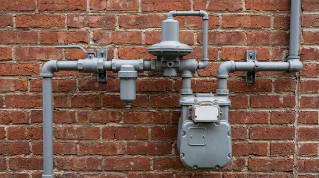 Gray gas meter and metal piping system mounted on exterior red brick wall