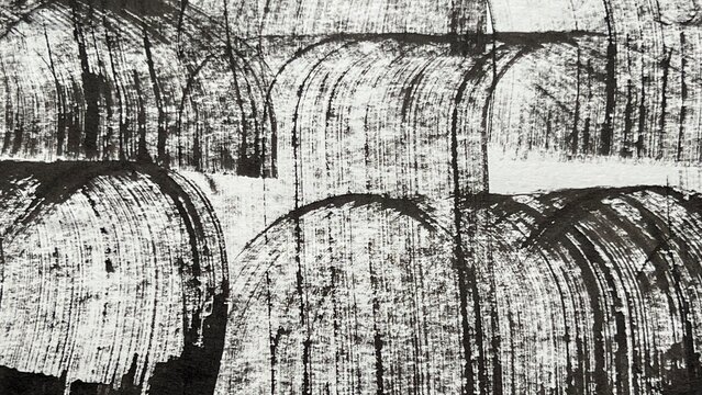 Japanese paper texture background, a drawing of dome like curved lines in sumi ink with expressive brush strokes, banner sized expressive brush stroke pattern