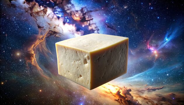 Floating cheese block in colorful outer space.