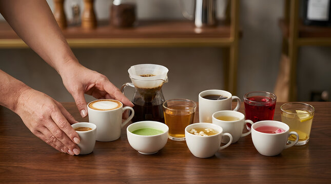 A hand arranging a variety of colorful hot and cold beverages in ceramic mugs and glasses.