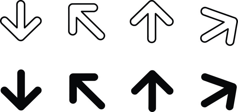 Up, and down arrow icon set, upward and downward direction symbols for scrolling, navigation, movement, sorting controls, interface buttons, and digital communication.