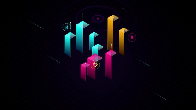 Abstract 3d bar chart with floating icons on dark background motion graphics template.