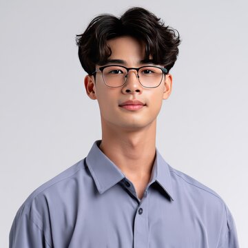 Young man with stylish haircut wearing glasses and casual shirt posing confidently against a neutral backdrop