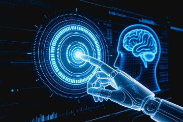 Fototapeta premium A robotic hand interacts with a glowing holographic brain interface, representing AI and futuristic tech innovation.