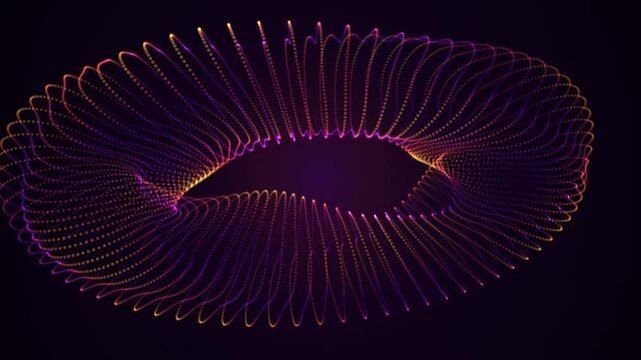Abstract particle torus rotating in digital dark space motion graphics background visual.