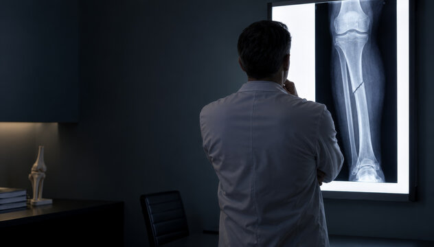 Male doctor examining leg x-ray showing broken tibia bone fracture. Orthopedist studying radiograph in dark clinic office with joint model on desk.
