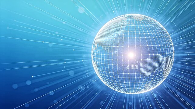 Digital earth globe with glowing radial lines on blue-purple gradient background