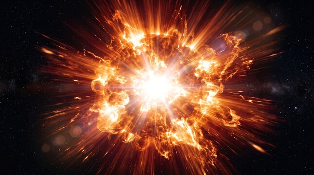 Fiery explosion of a supernova star in deep space with bright light.