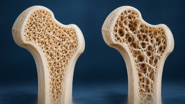Cross section of healthy and osteoporotic femur bone compared side by side. Detailed porous inner structure shows bone density loss on dark blue background.