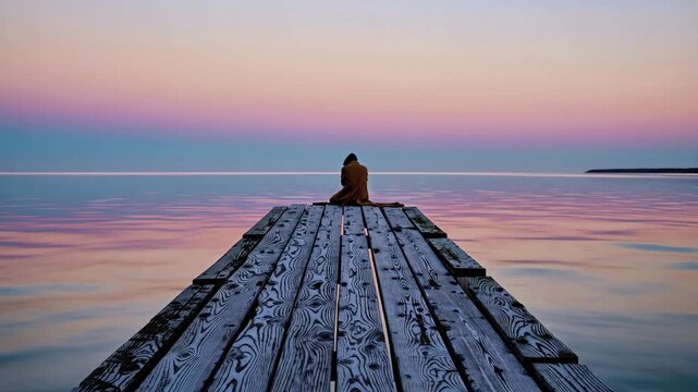 Man sitting alone at end of wooden pier overlooking calm sea during pink sunset, person reflecting on life near still ocean water at dusk, peaceful evening moments of solitude in wild nature scene